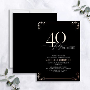 40 & Fabulous Black Roos Gold Calligraphy Birthday Folie Uitnodiging