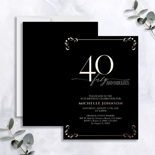 40 & Fabulous Black Roos Gold Calligraphy Birthday Folie Uitnodiging