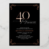 40 & Fabulous Black Roos Gold Calligraphy Birthday Folie Uitnodiging (Voorkant)