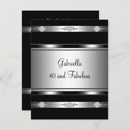 40- & Fabulous Black Silver Trim Birthday Party Kaart (Voorkant / Achterkant)