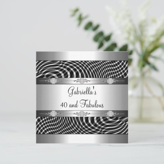 40 & Fabulous Black White Check Silver Birthday Kaart (Staand voorkant)