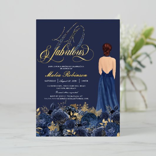 40 & Fabulous Elegant Blue & Gold Birthday Real Folie Uitnodiging (Staand Voorkant)