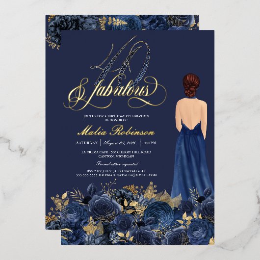 40 & Fabulous Elegant Blue & Gold Birthday Real Folie Uitnodiging (Voorkant / Achterkant)