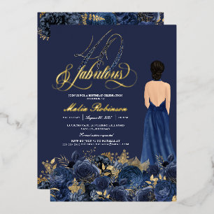 40 & Fabulous Elegant Blue & Gold Birthday Real Folie Uitnodiging