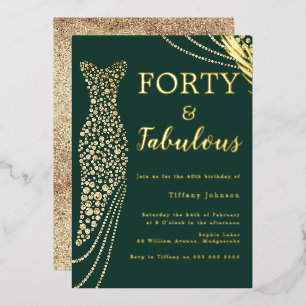 40 & Fabulous Emerald Gold Dress 40e Verjaardag Folie Uitnodiging