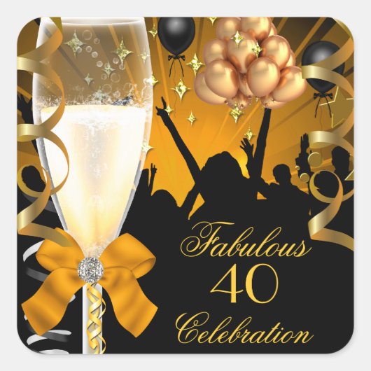 40 & Fabulous Gold Black Birthday Champagne Vierkante Sticker (Voorkant)