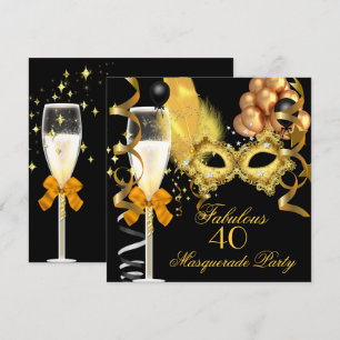 40 & Fabulous Gold Black Masquerade Party Kaart