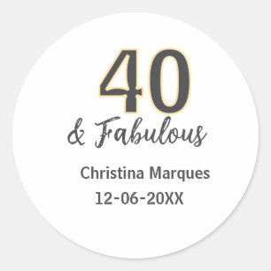 40 & fabulous grijs geel geboortecalligrafie ronde sticker
