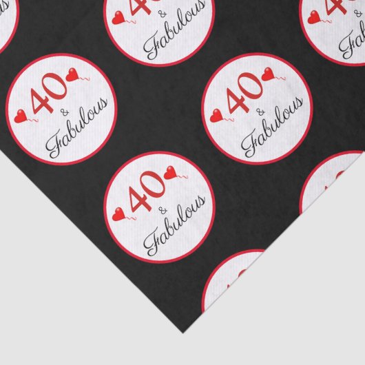 40 & Fabulous Hearts 40th Birthday Zwart Tissuepapier (Detail)