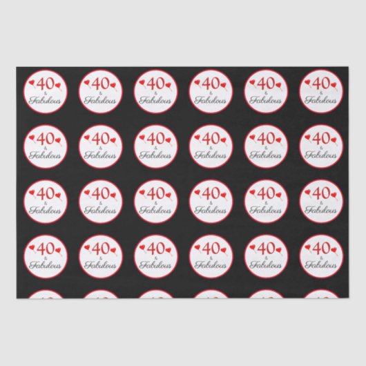 40 & Fabulous Hearts 40th Birthday Zwart Tissuepapier (Voorkant)