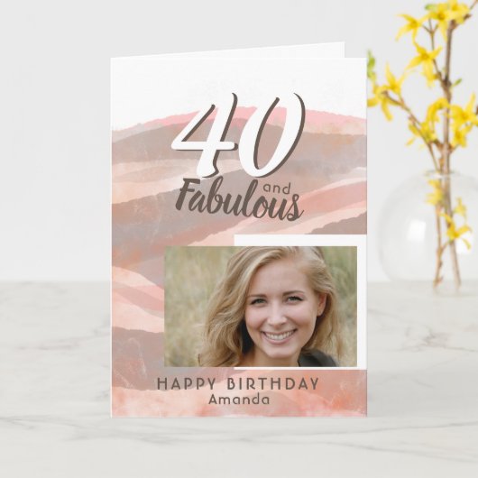 40 & Fabulous Peach Roze Waterverf Foto Kaart (Gele Bloem)