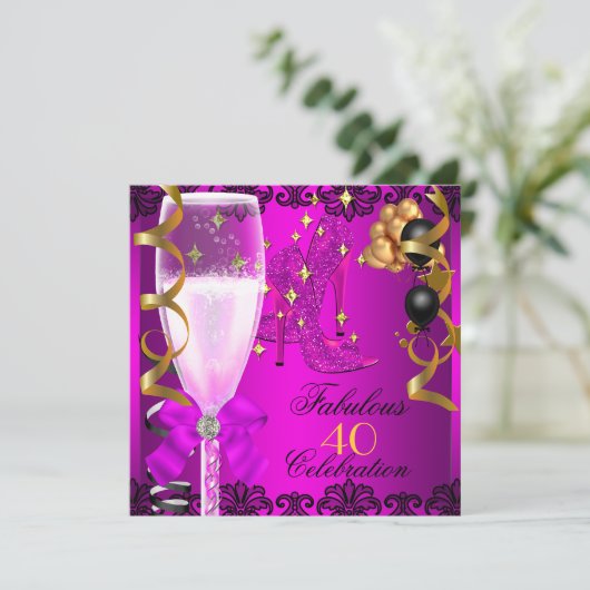 40 Fabulous Pink Black Gold 40th Champagne Party Kaart (Staand voorkant)