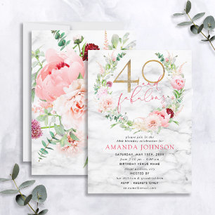 40 & Fabulous Pink & Gold Floral Marble Birthday Kaart