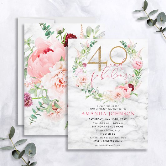 40 & Fabulous Pink & Gold Floral Marble Birthday Kaart