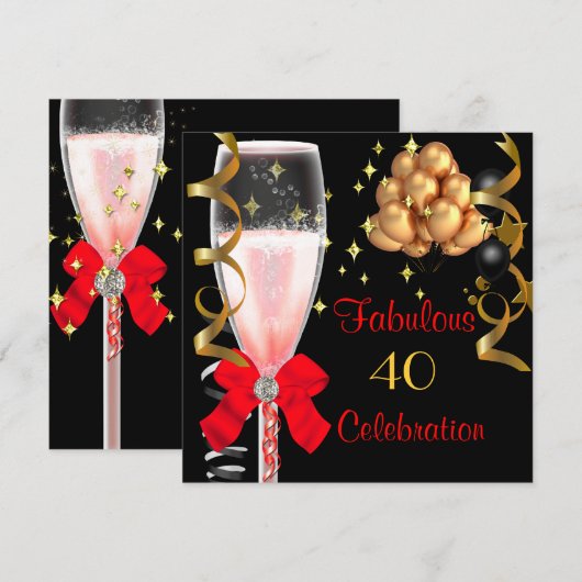 40 & Fabulous Red Black Gold Party Kaart (Voorkant / Achterkant)