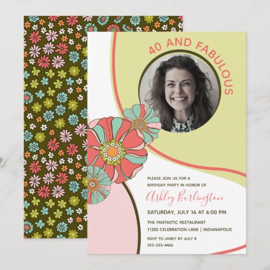 40 & Fabulous Retro Floral Photo Invitation Kaart (Voorkant / Achterkant)