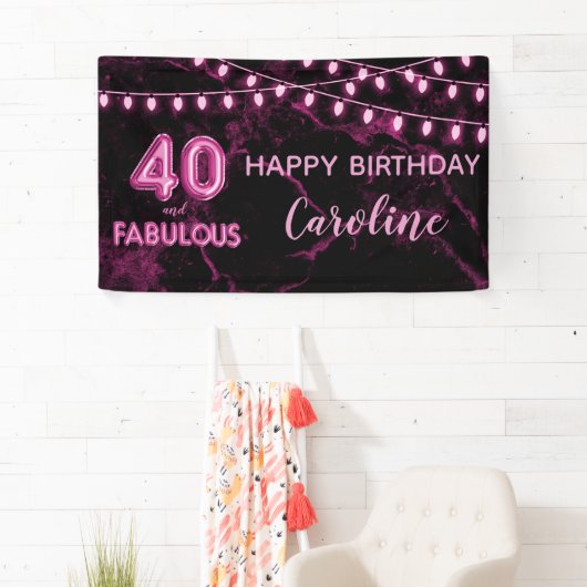 40 & Fabulous Roze & Zwarte Ballon Lights Verjaard Spandoek (Insitu)