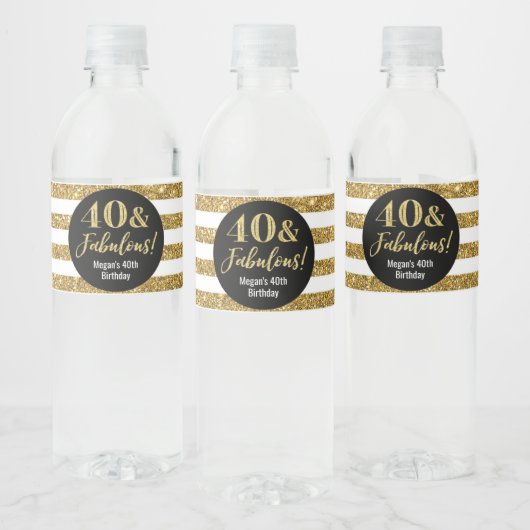40 & Fabulous Verjaardag Gouden Glitter Strepen Waterfles Etiket (Flessen)