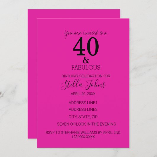 40 Fabulous Verjaardag Hot Roze Zwart Custom Age Kaart (Voorkant / Achterkant)