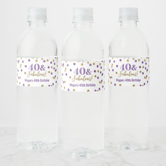 40 & Fabulous Verjaardag Paarse Gouden Confetti Waterfles Etiket (Flessen)