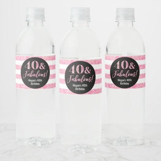 40 & Fabulous Verjaardag Roze Glitter Strepen Waterfles Etiket (Flessen)