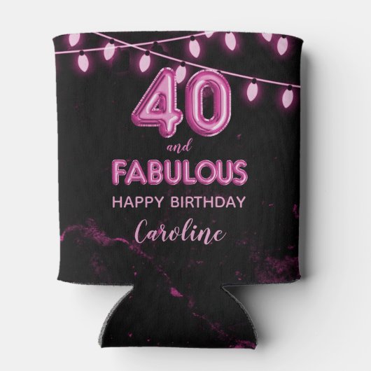 40 & Fabulous Verjaardag Roze & Zwarte Ballonlicht Blikjeskoeler (Achterkant)