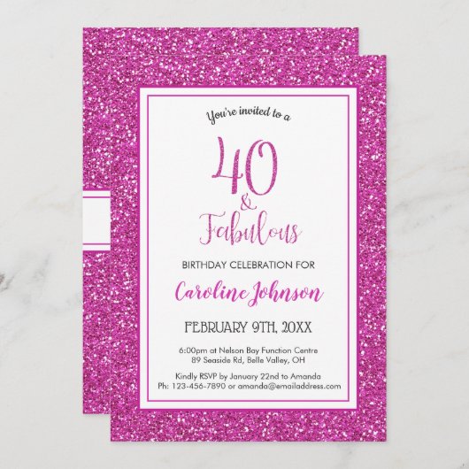 40 & Fabulous Verjaardag Sparkly Roze Glitter Kaart (Voorkant / Achterkant)