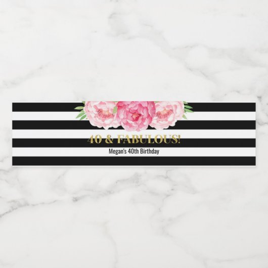 40 & Fabulous Verjaardag Zwart Strepen Bloemen Waterfles Etiket (Enkel label)