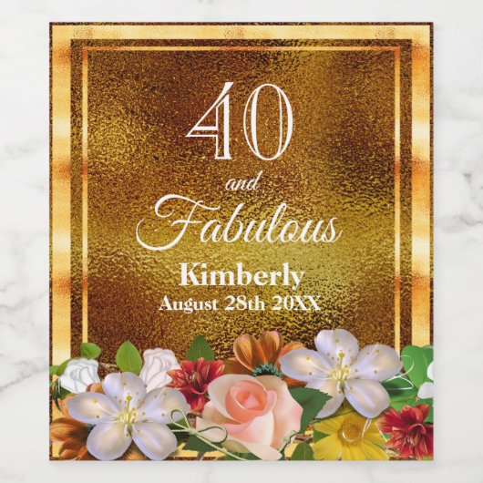 40 Fantastisch verjaardagsfeestje Gouden bloemen E Wijn Etiket (Enkel label)