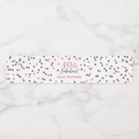 40 & Fantastische Verjaardag Roze Zilveren Confett Waterfles Etiket (Enkel label)