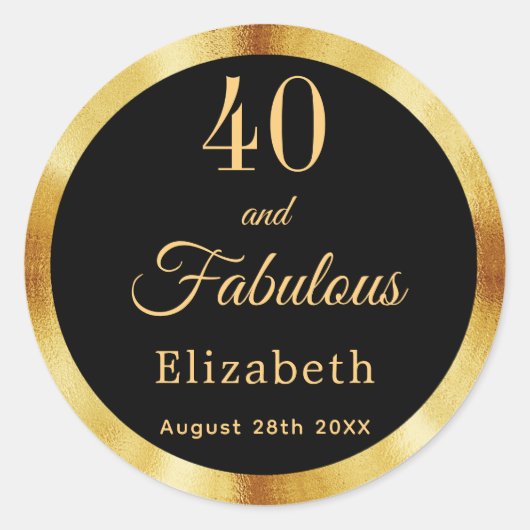 40 fantastische verjaardag zwart goud naam ronde sticker (Voorkant)