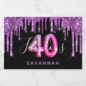 40 Fantastische verjaardag zwarte roze paarse glit Sparkling Wijnetiket (Enkel label)
