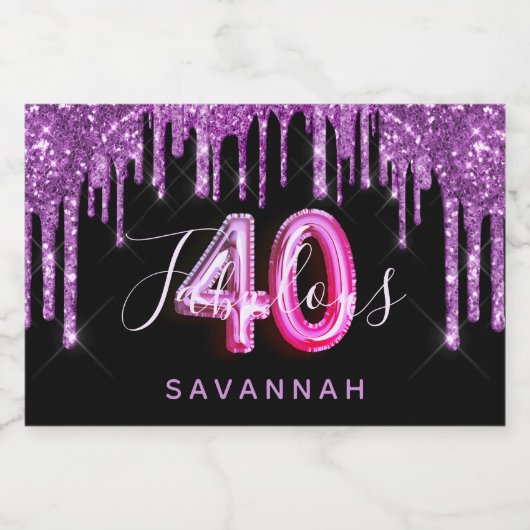 40 Fantastische verjaardag zwarte roze paarse glit Sparkling Wijnetiket (Enkel label)