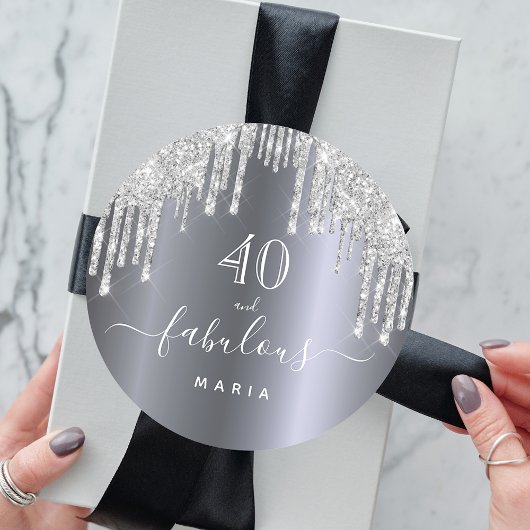 40 fantastische verjaardagszilveren glitter druppe ronde sticker