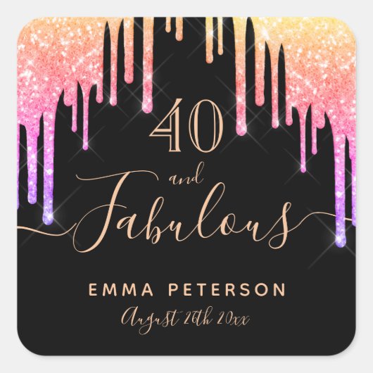 40 geweldige verjaardag zwarte regenbooglitter gla vierkante sticker (Voorkant)