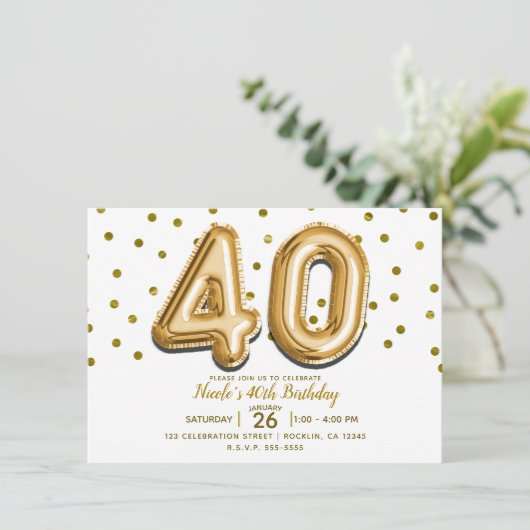 40 Gold-ballonnen en Confetti 40e verjaardag Kaart (Staand voorkant)