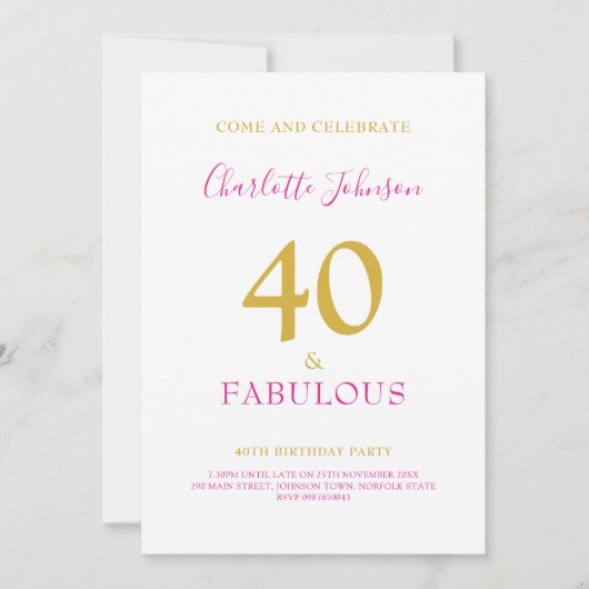 40 jaar en Fabulous Minimalist 40 jaar Gold Pink Kaart (Voorkant)