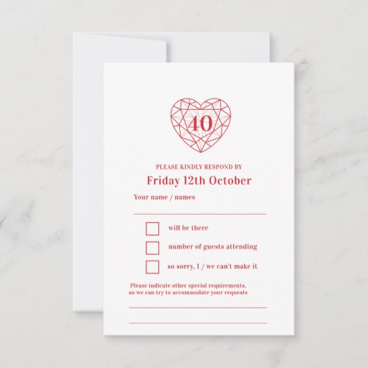 40 jaar robijnrood hart 40e trouwdag RSVP kaartje (Voorkant)