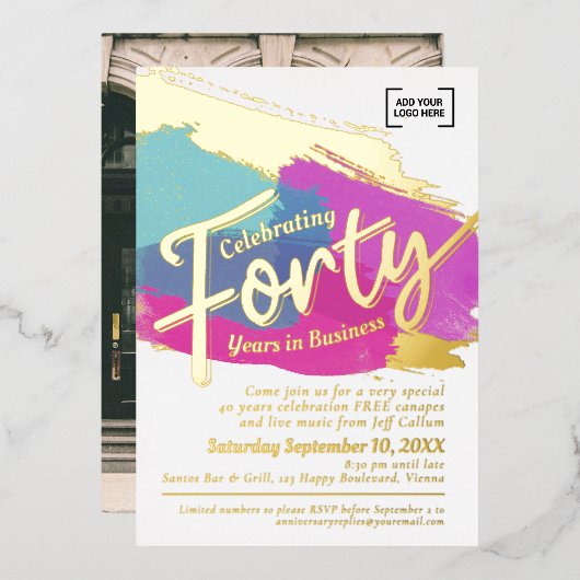 40 jaar zakelijk jubileum gouden kunst folie uitnodiging (Voorkant / Achterkant)
