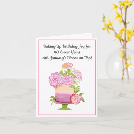 40 januari Verjaardagstaart Paarse Anjers Kaart (Gele Bloem)