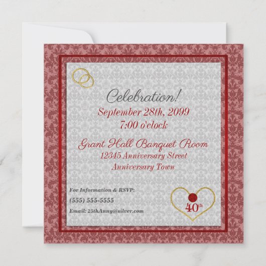 40-jarig robijnen huwelijksjubileum rood en zilver kaart (Achterkant)