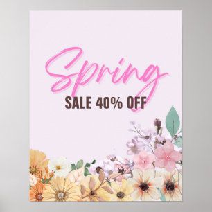 40% kortingsbord, lente sale promotie, roze bloemm poster