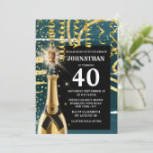 40 mijlpaal Mousserende wijn Goud Blauw Glitter Ch Kaart (Staand voorkant)