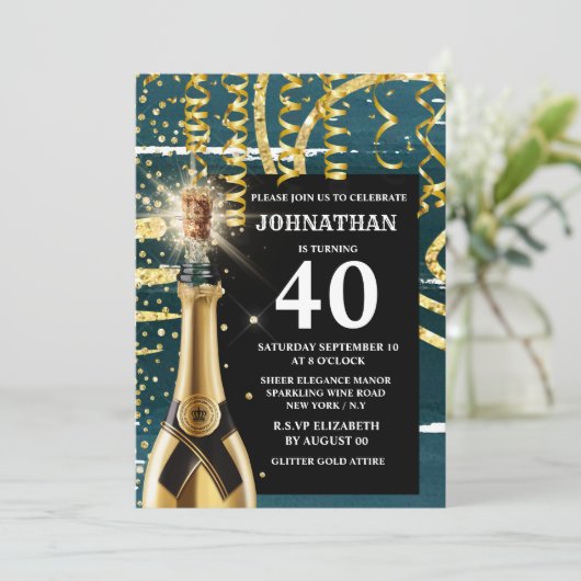 40 mijlpaal Mousserende wijn Goud Blauw Glitter Ch Kaart (Staand voorkant)