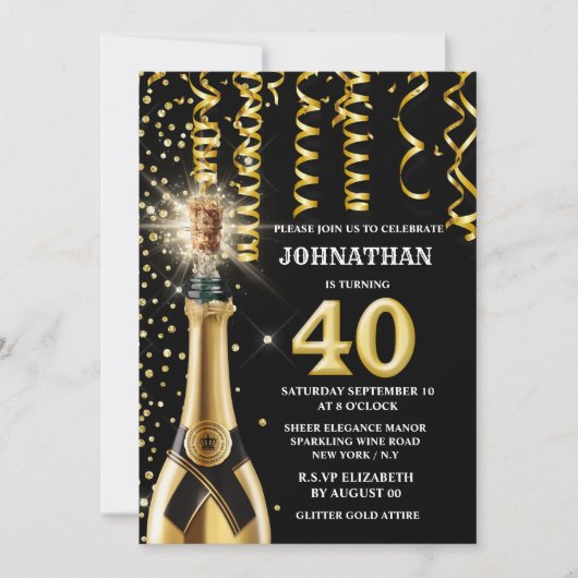 40 Mijlpaal Mousserende Wijn Goud Zwart Glitter Kaart (Voorkant)