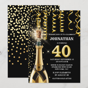 40 mijlpaal mousserende wijn goud zwarte glitter  kaart