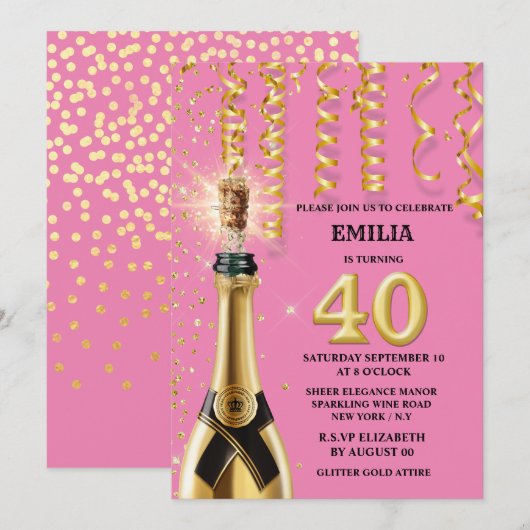 40 mijlpaal mousserende wijn roze zwarte glitter kaart (Voorkant / Achterkant)