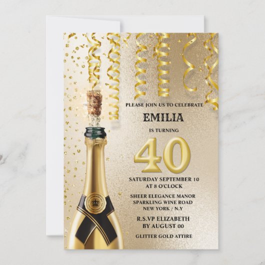 40 mijlpaal mousserende wijn smeltkroes glitter kaart (Voorkant)