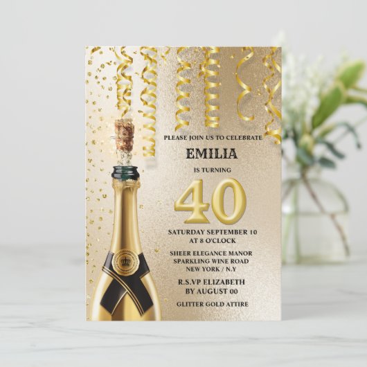 40 mijlpaal mousserende wijn smeltkroes glitter kaart (Staand voorkant)