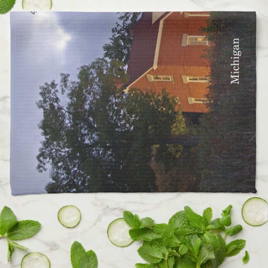 40 Mile Point Lighthouse bij avondkeukenhanddoek Theedoek (Gevouwen)